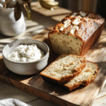 Banana bread with cottage cheese sliced on wooden board