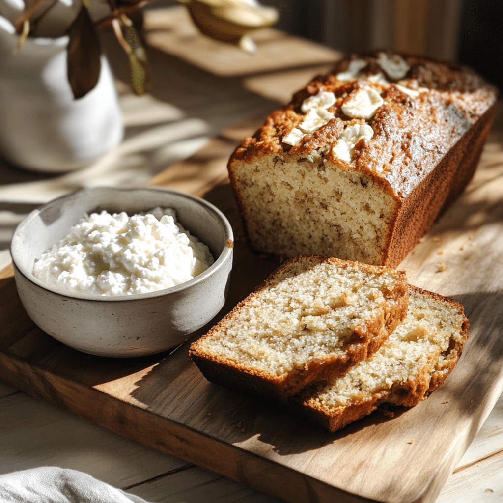 Banana bread with cottage cheese sliced on wooden board