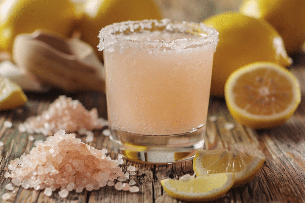 Brazilian Mounjaro drink served in a salted-rim glass with fresh lemon and pink Himalayan salt on a rustic wooden table
