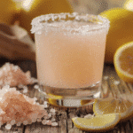 Brazilian Mounjaro recipe drink served in a salted-rim glass with fresh lemon and pink Himalayan salt on a rustic wooden table