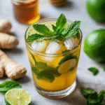Refreshing glass of Brazilian Mounjaro with ginger, lime, green tea, and honey