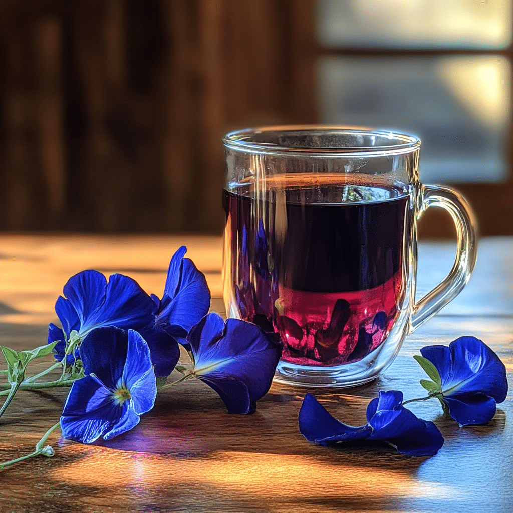 butterfly pea tea close-up in glass mug