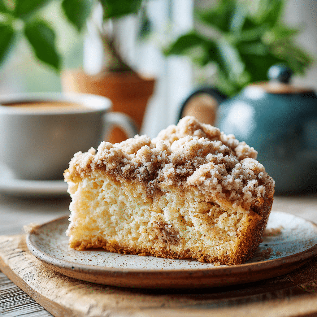 Coffee cake scone with cinnamon topping on a wooden table