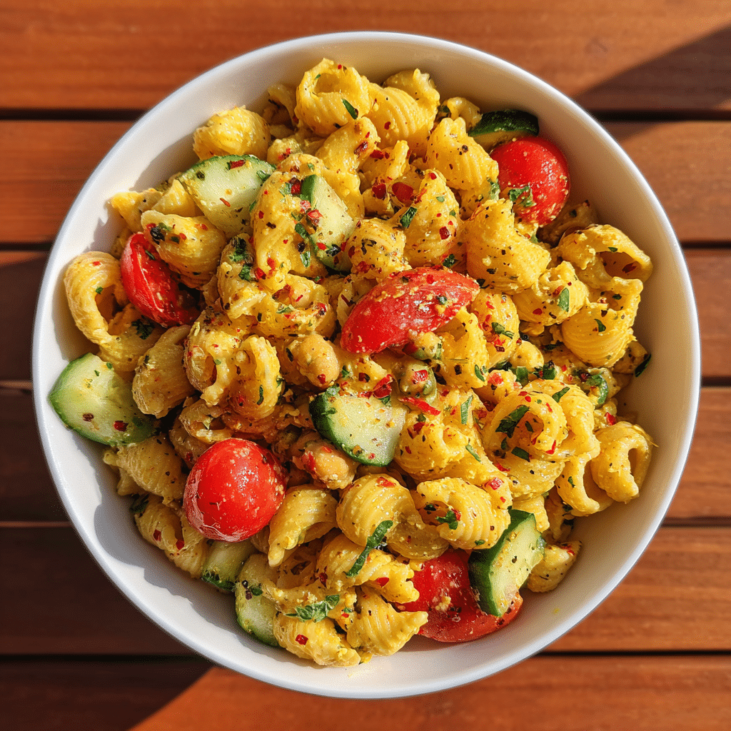 gluten free chickpea pasta salad in white bowl