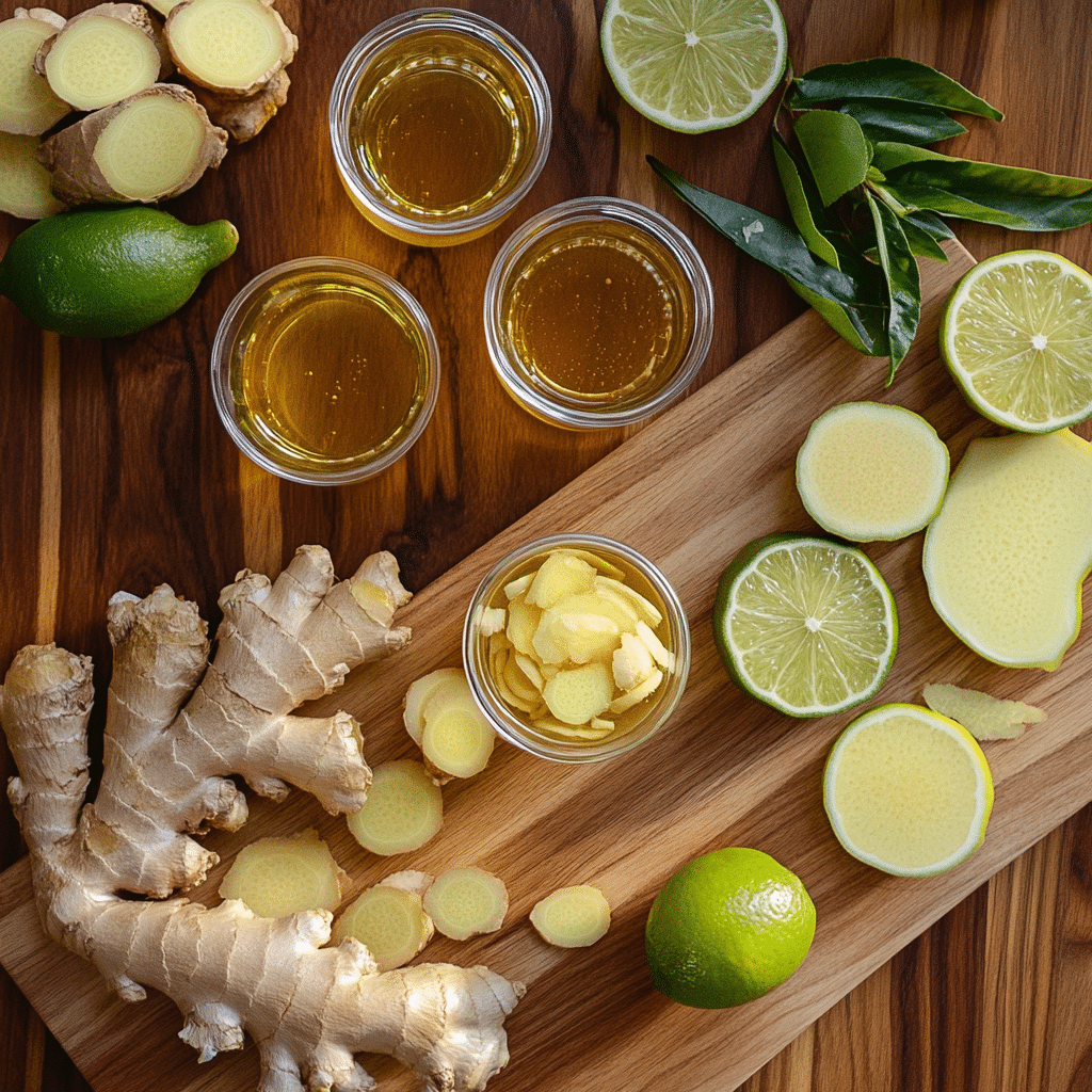 Fresh ingredients for Brazilian Mounjaro including ginger, lime, honey, and green tea