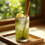 Japanese Mounjaro drink with matcha, yuzu, and chia seeds served over ice in a clear glass