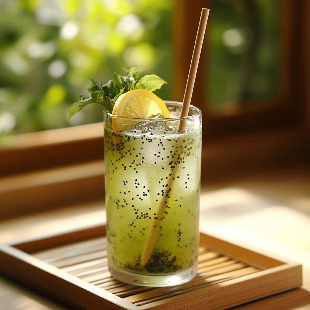 Japanese Mounjaro drink with matcha, yuzu, and chia seeds served over ice in a clear glass