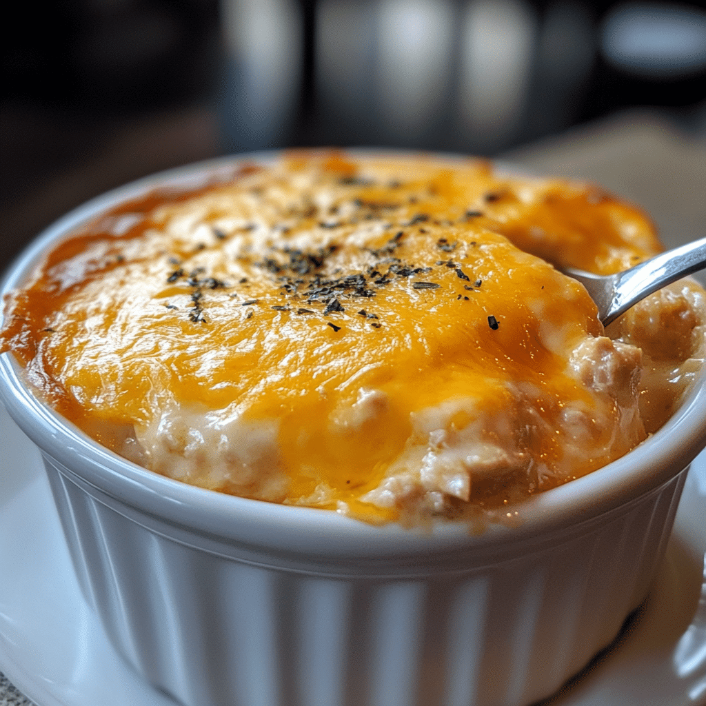 golden baked keto tuna casserole in white dish