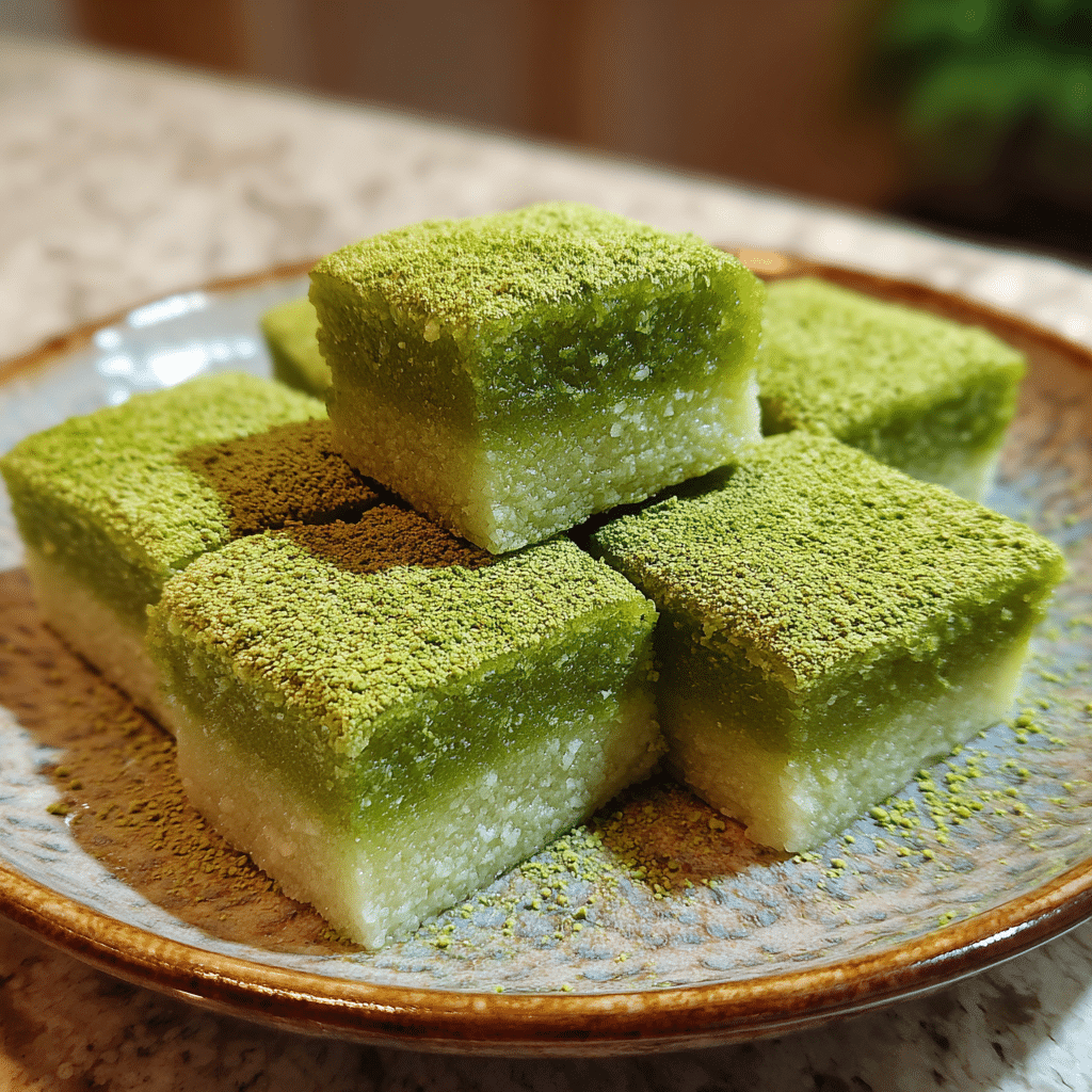 Matcha White Chocolate Mochi Cake sliced on plate