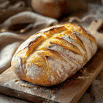 Freshly baked no knead gluten free bread on board