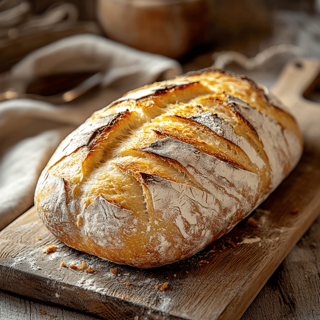 Freshly baked no knead gluten free bread on board