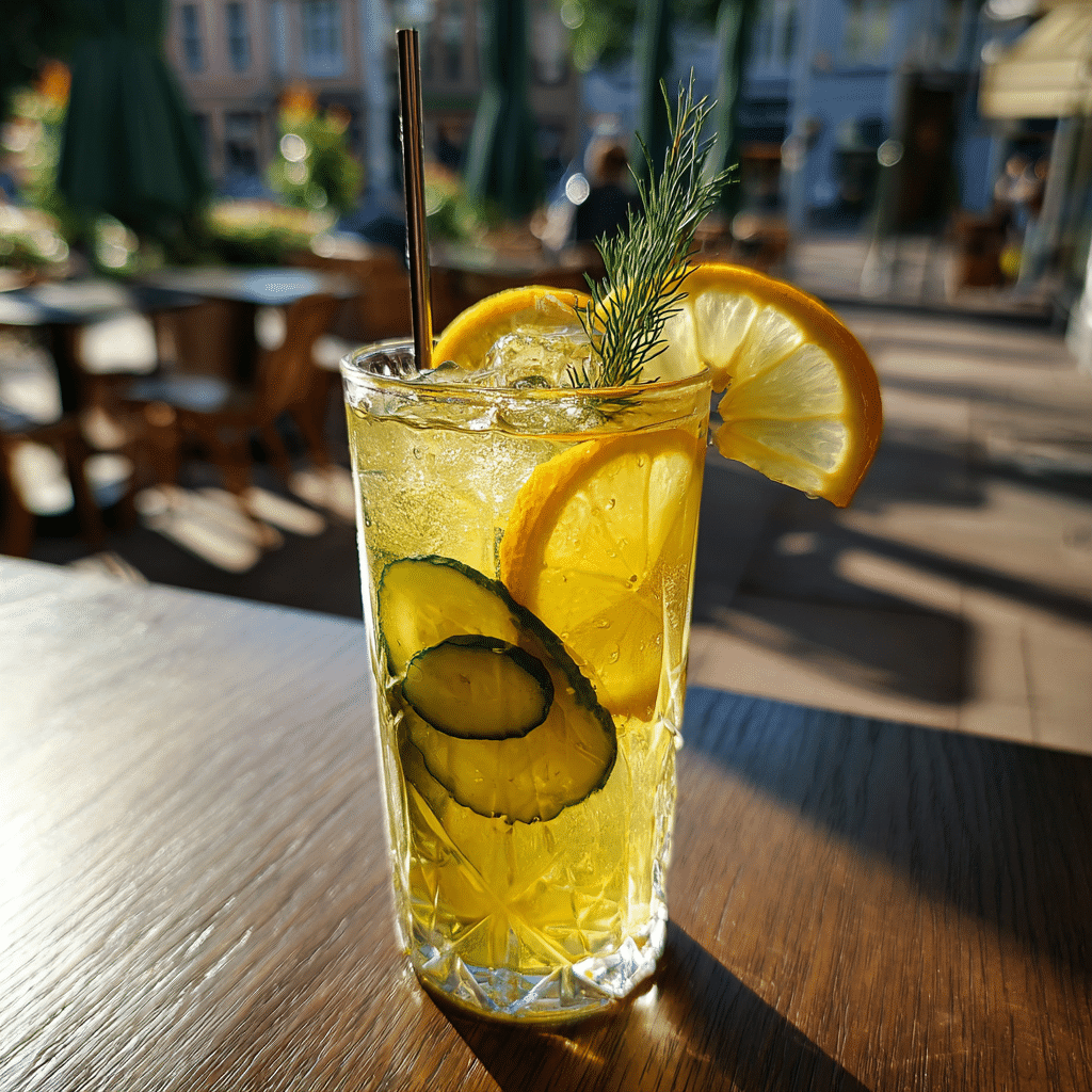 Glass of pickle lemonade recipe with lemon and pickle spear
