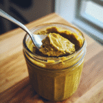 creamy pistachio butter in jar close-up