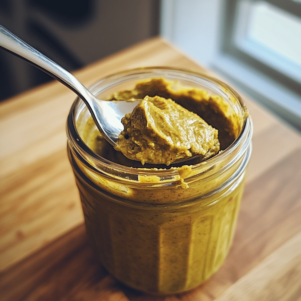 creamy pistachio butter in jar close-up