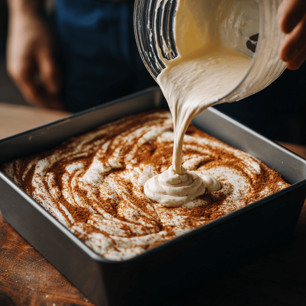 Step-by-step cinnamon roll poke cake baking
