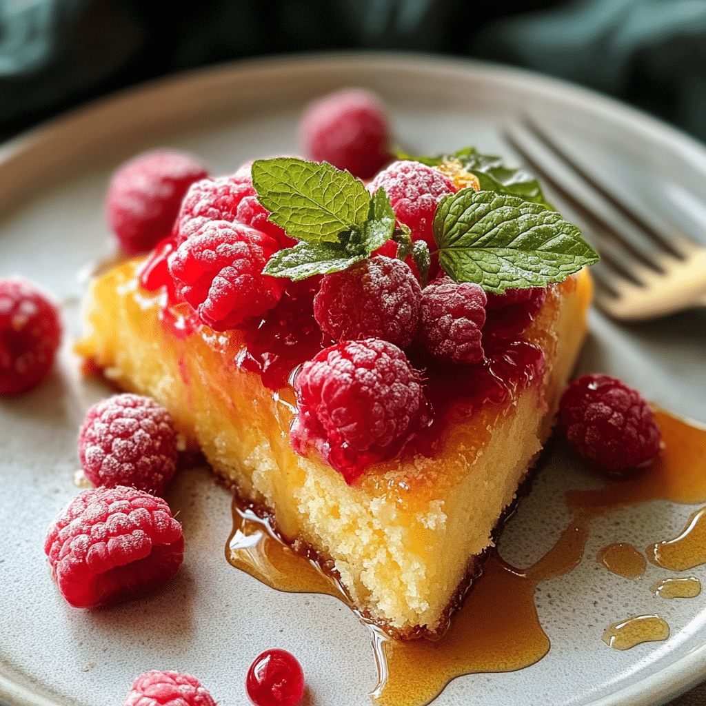 Greek yogurt cake slice with honey and berries