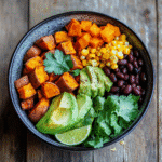 Sweet Potato Taco Bowl with roasted veggies and fresh toppings