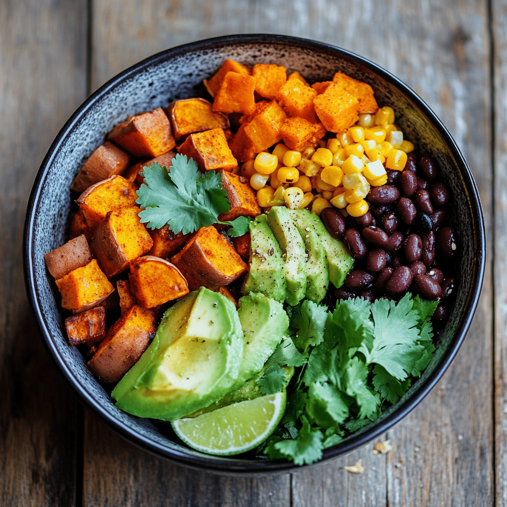 Sweet Potato Taco Bowl with roasted veggies and fresh toppings