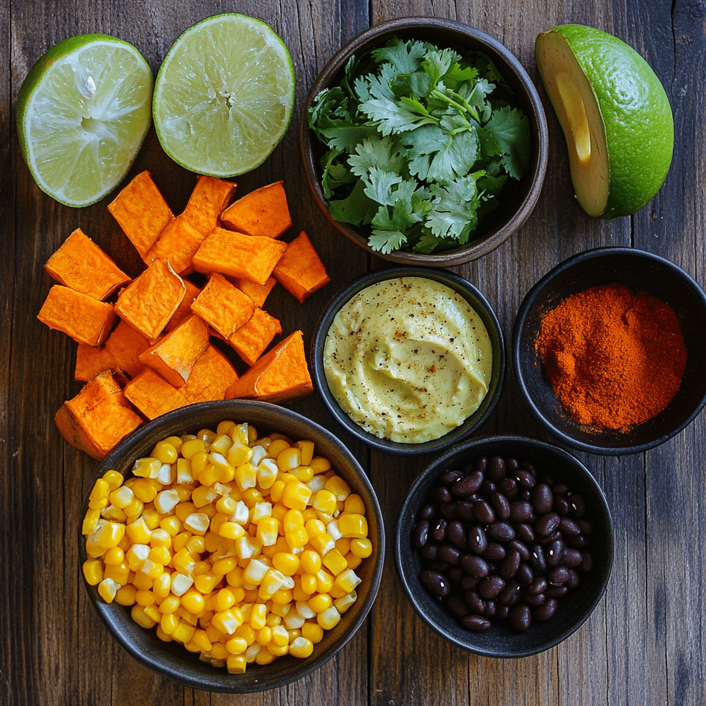 Fresh ingredients for Sweet Potato Taco Bowl arranged on wooden surface