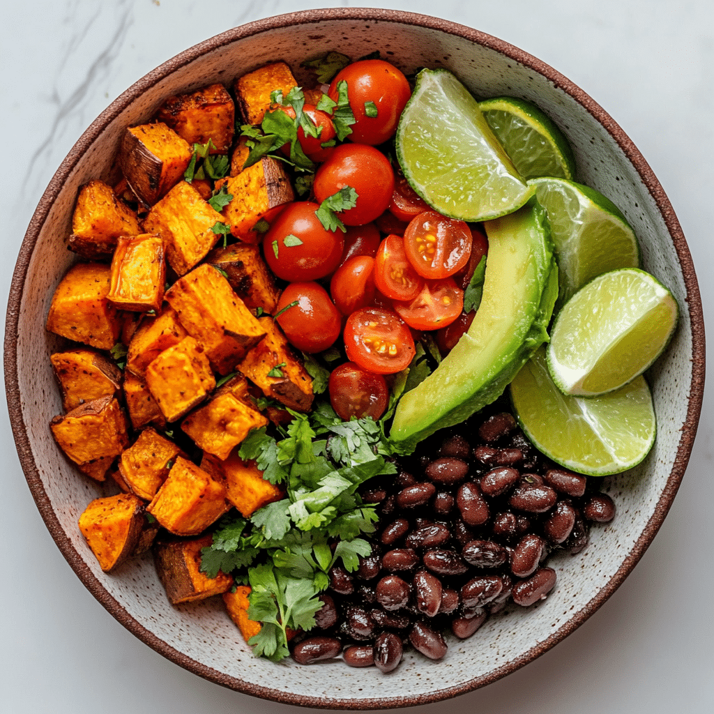 sweet potatoes taco bowl with toppings