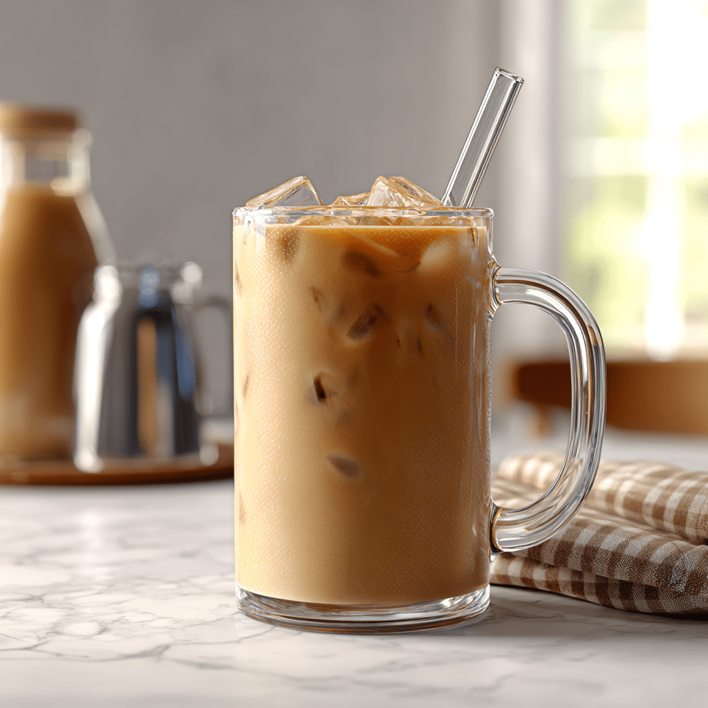 Tahini iced coffee in glass with ice and sesame swirls
