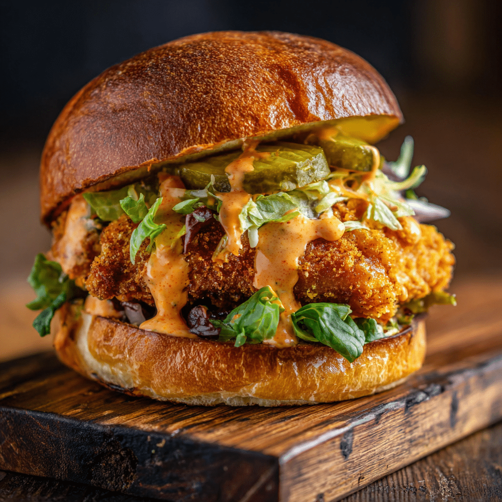 Takis Chicken Sandwich with spicy mayo, lettuce, and pickles on a brioche bun