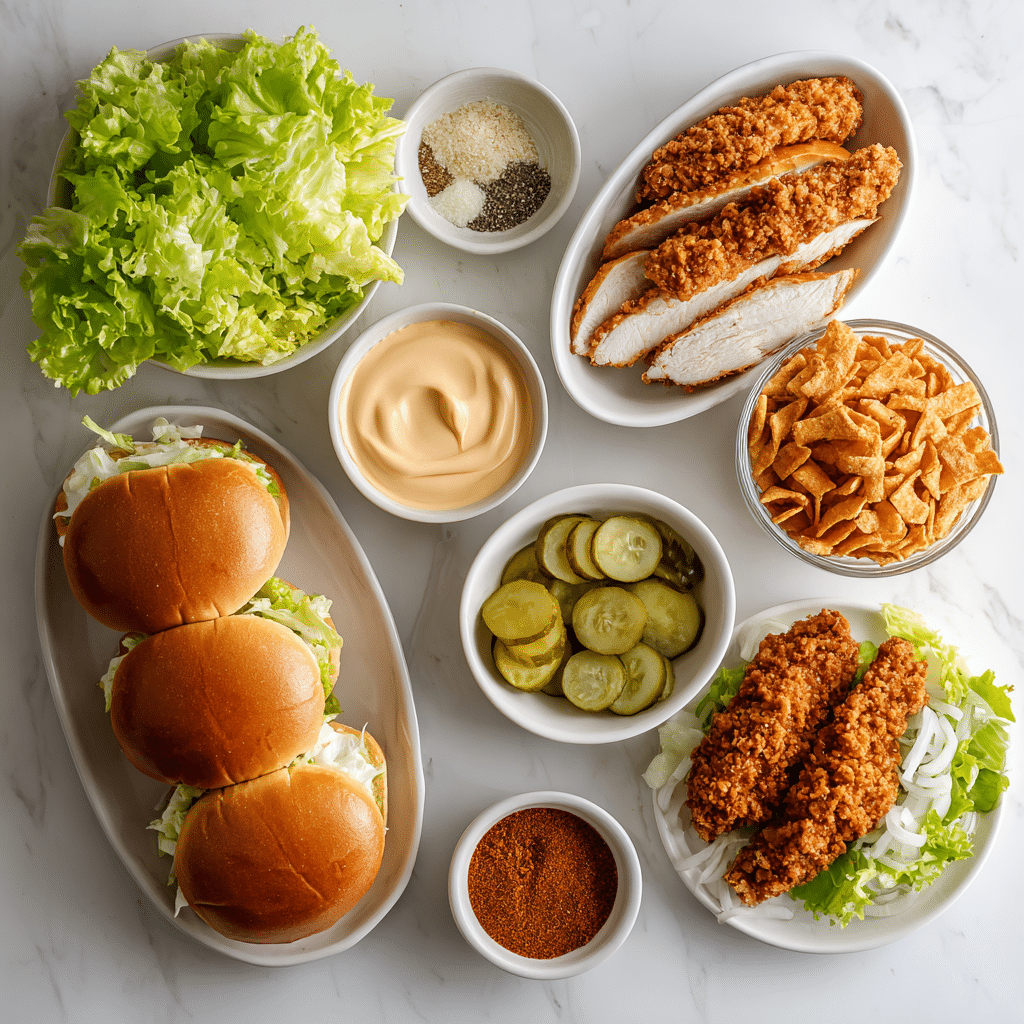 Flatlay of ingredients for homemade Takis Chicken Sandwich