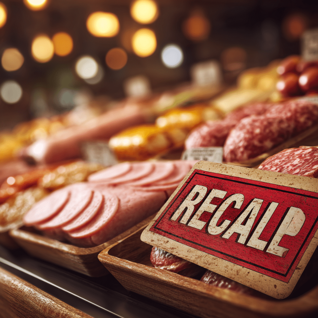 Grocery store shelf with various types of lunch meats, including turkey, ham, and salami, displaying a prominent red 'recall' notice sticker warning about a lunch meat recall.