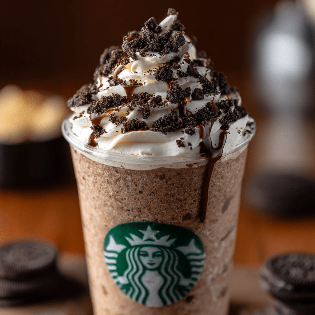 Starbucks drink with cookie crumbles on top, featuring Mocha Cookie Crumble Frappuccino with whipped cream and Oreo cookie crumbles