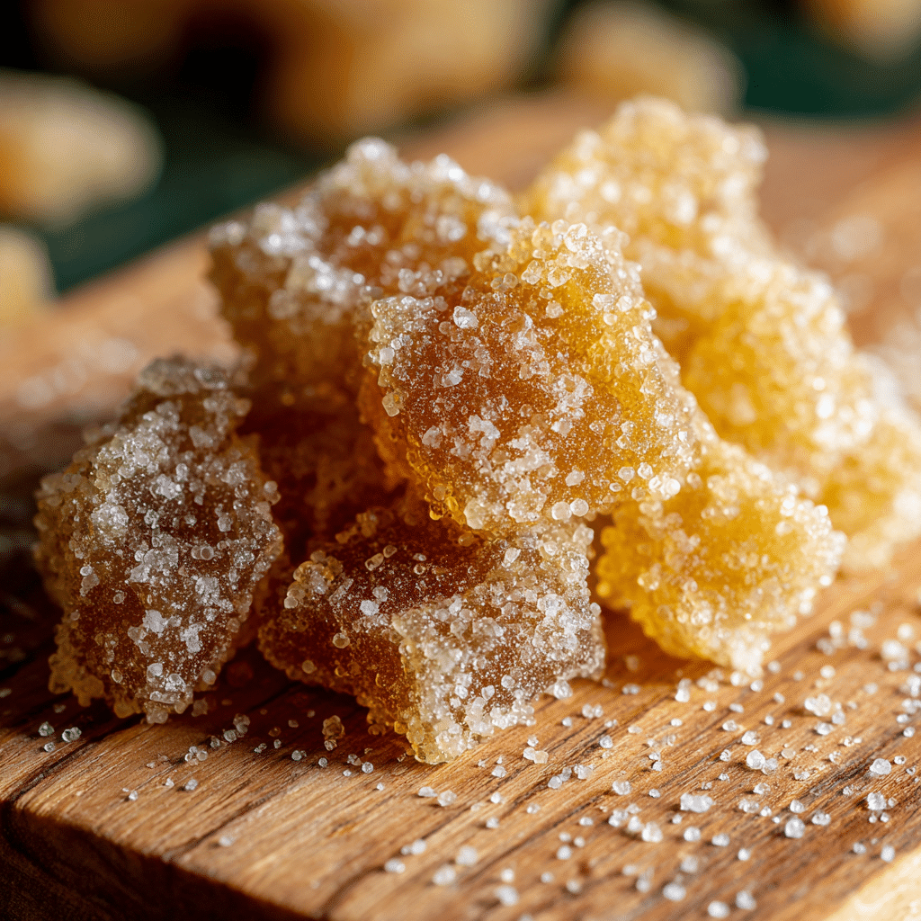 Crystallized ginger pieces with sugar coating