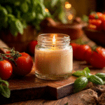 Heirloom tomato candle displayed with fresh tomatoes and basil