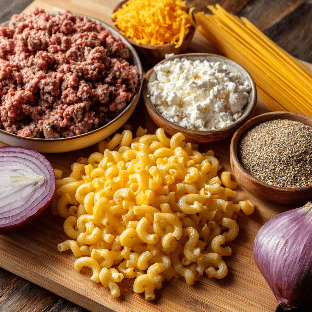 Ingredients for One-Pan Cheeseburger Macaroni, including ground beef, elbow macaroni, cheddar cheese, garlic powder, and onions
