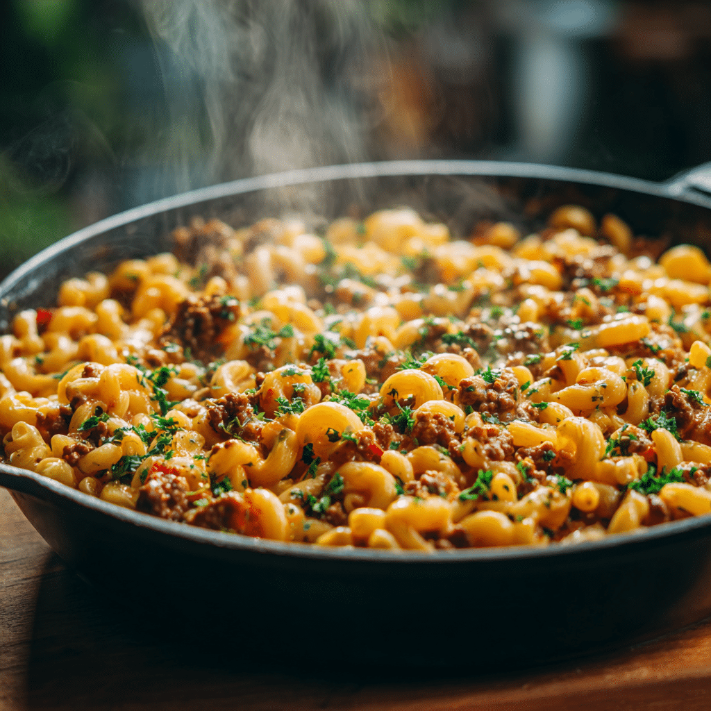 One-Pan Cheeseburger Macaroni served in a skillet, creamy and cheesy with fresh parsley garnish
