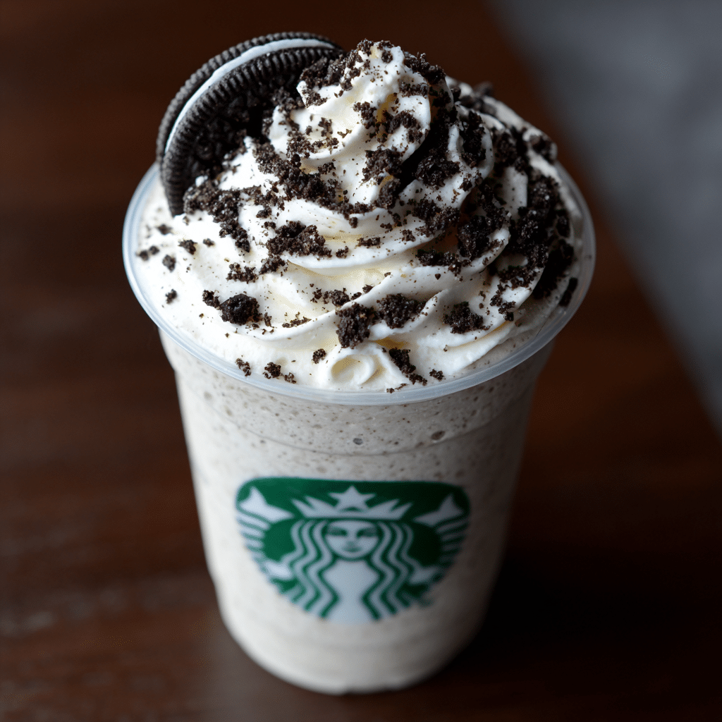 Oreo Frappuccino Starbucks drink with whipped cream and Oreo cookie crumbs on top